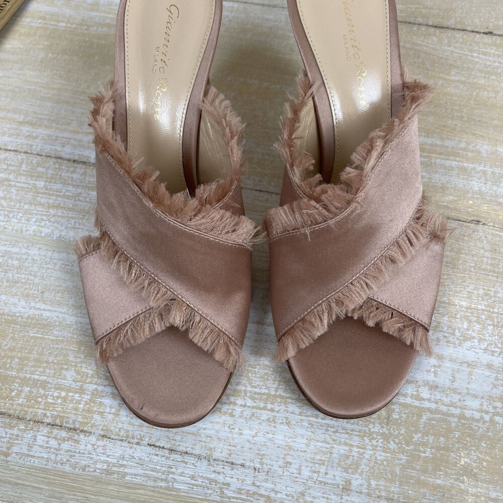 Gianvito Rossi Sandals Crossover Frayed Edges Chunky Heel Satin Pink 37½ Italy - Picture 11 of 13